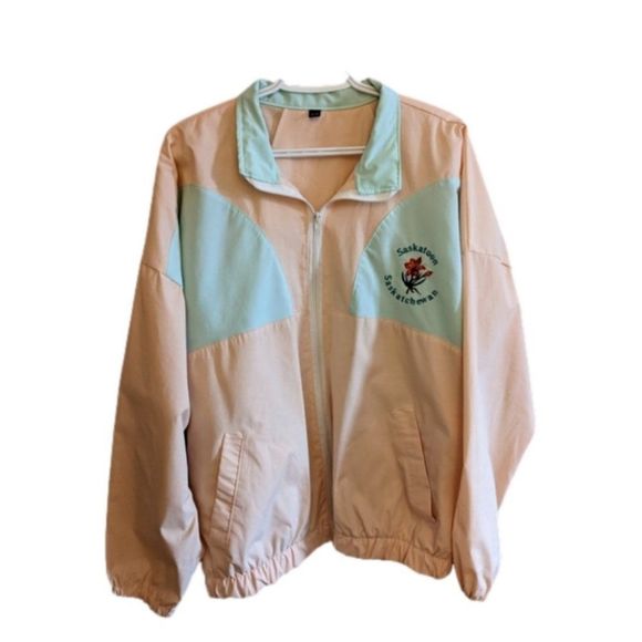 XL Saskatoon Peach Blue Wind Breaker Jacket Cute Flower - Picture 1 of 3